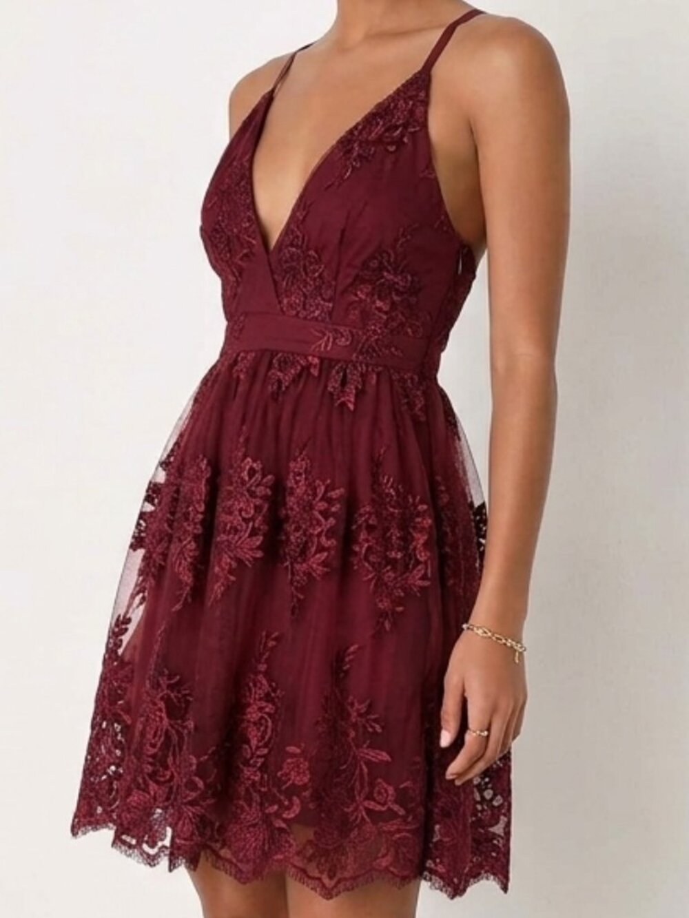 Lulus A Love To Remember Wine Red Lace Backless Skater Dress Size Medium